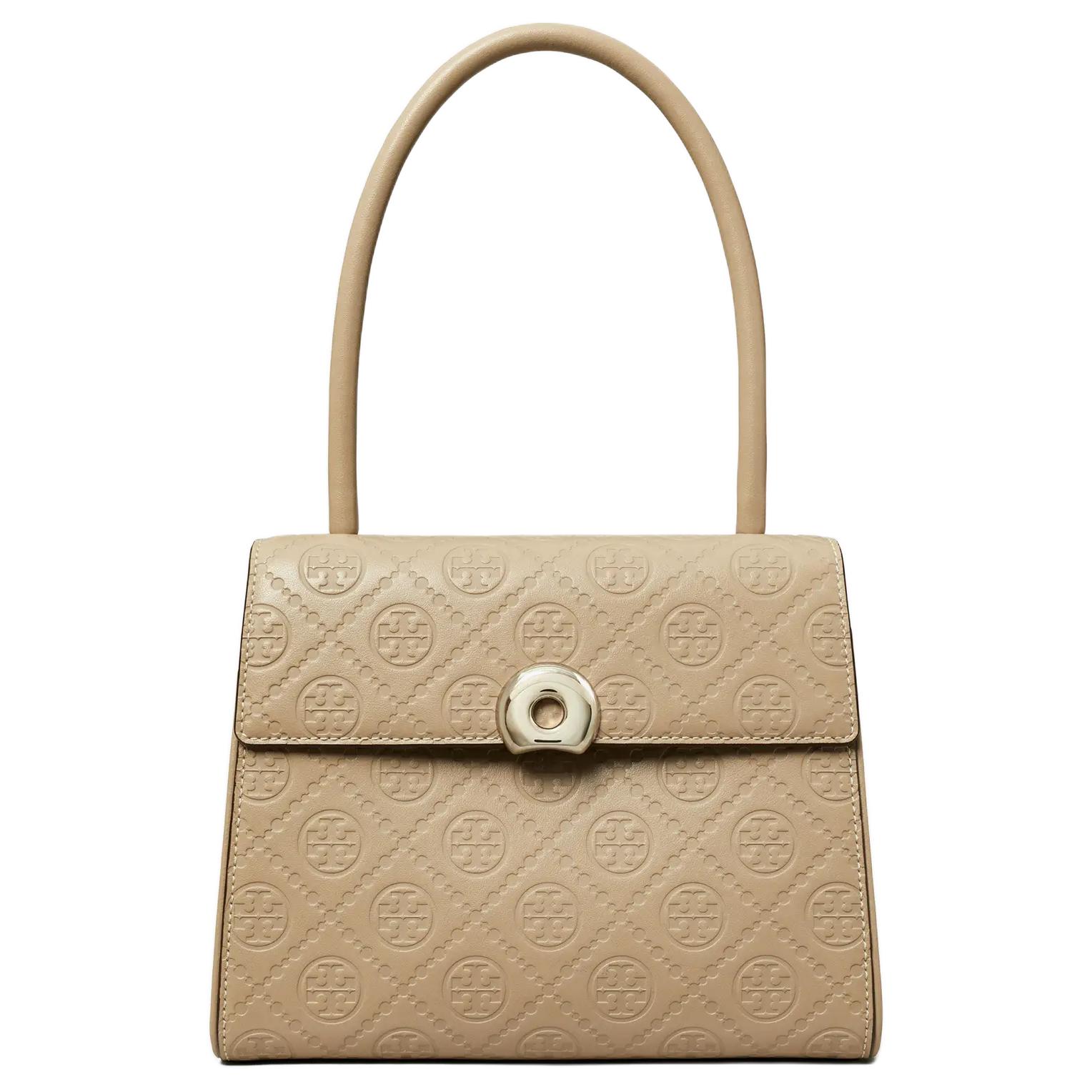 

T Monogram Кожаная Сумка на Одно Плечо Трампет Женская Глиняно-Серая TORY BURCH