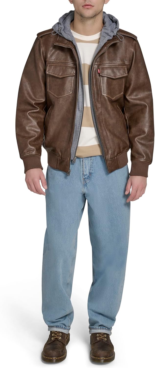Мужская куртка-бомбер Levi's из искусственной кожи с трикотажным нагрудником и капюшоном, Saddle — фото 2