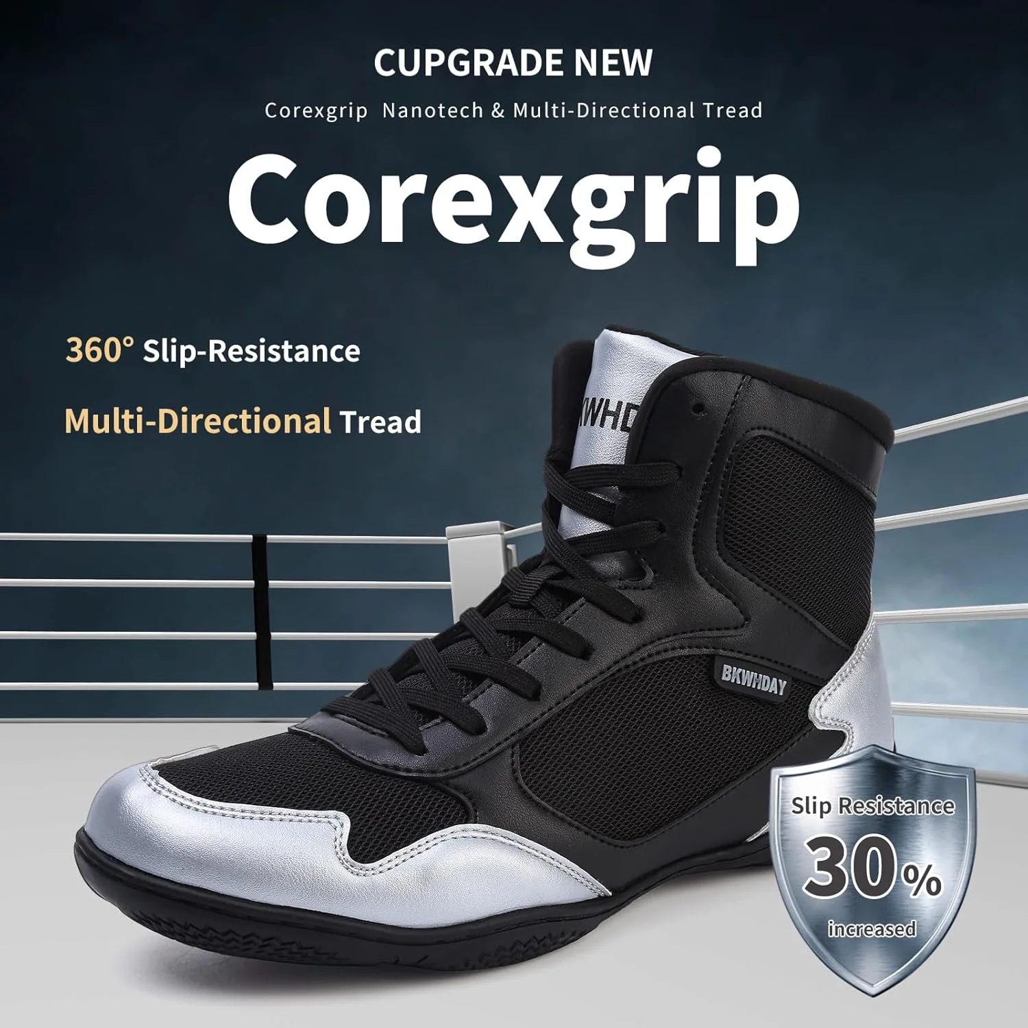 

Борцовки для мужчин Боксерские кроссовки для мужчин Профессиональные борцовские ботинки Высокие фитнес-кроссовки для тяжелой атлетики и пауэрлифтинга BKWHDAY, серебряный