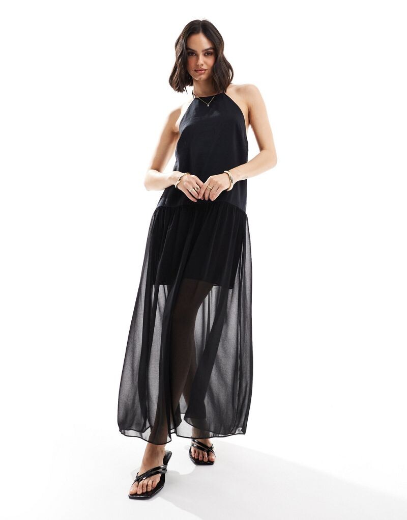 

Черное платье макси из купро и шифона с бретельками ASOS DESIGN