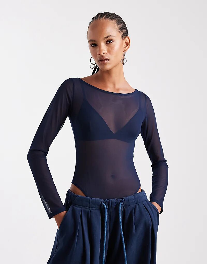 

Боди из сетки ASOS DESIGN с глубоким круглым вырезом темно-синего цвета