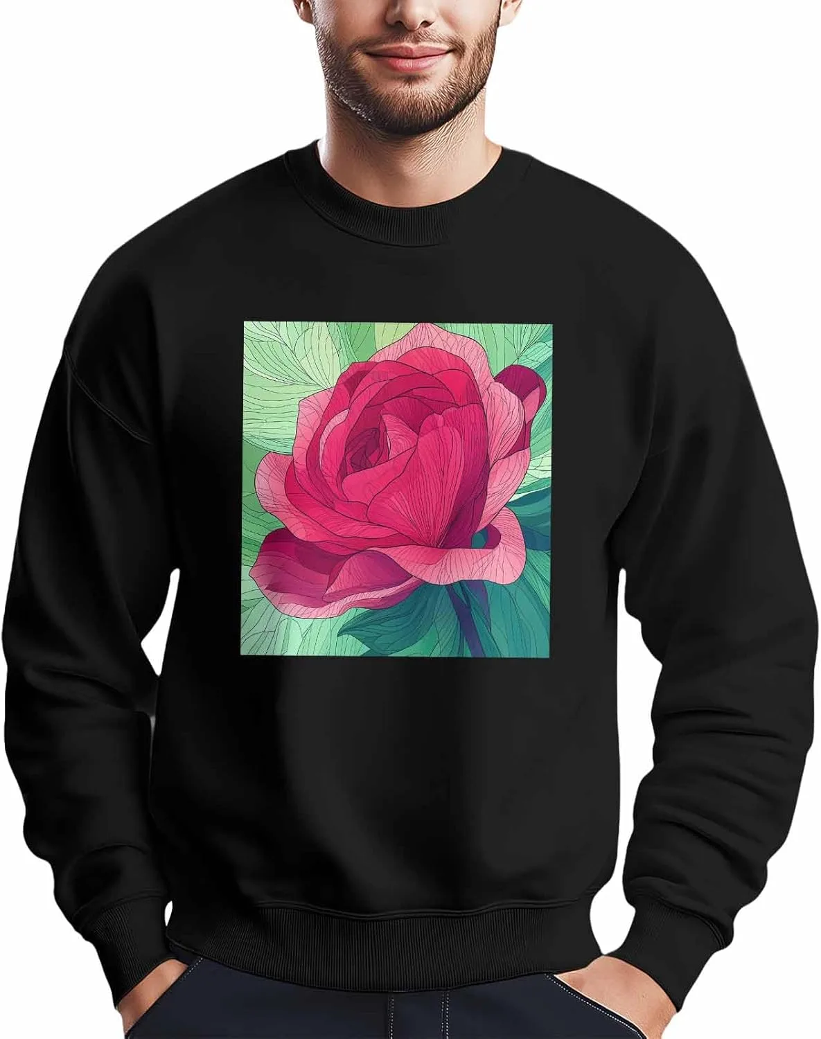 

Мужской свитшот с принтом красной розы и зеленых листьев Winvebermior