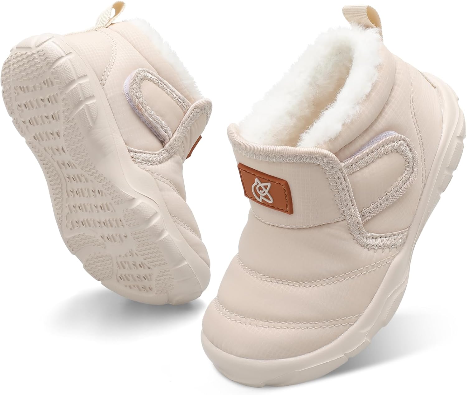 

Детские зимние теплые ботинки QFH для мальчиков и девочек, уютные флисовые снежные ботинки для малышей, нескользящие прогулочные ботинки, водоотталкивающие с искусственным мехом, Beige