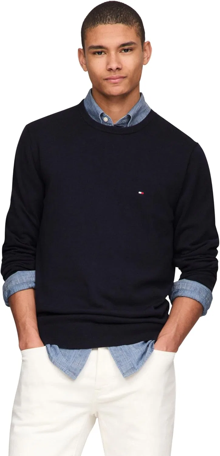 Tommy Hilfiger мужской хлопковый однотонный свитер с круглым вырезом, легкий пуловер, также доступен в размерах Big & Tall, Desert Sky