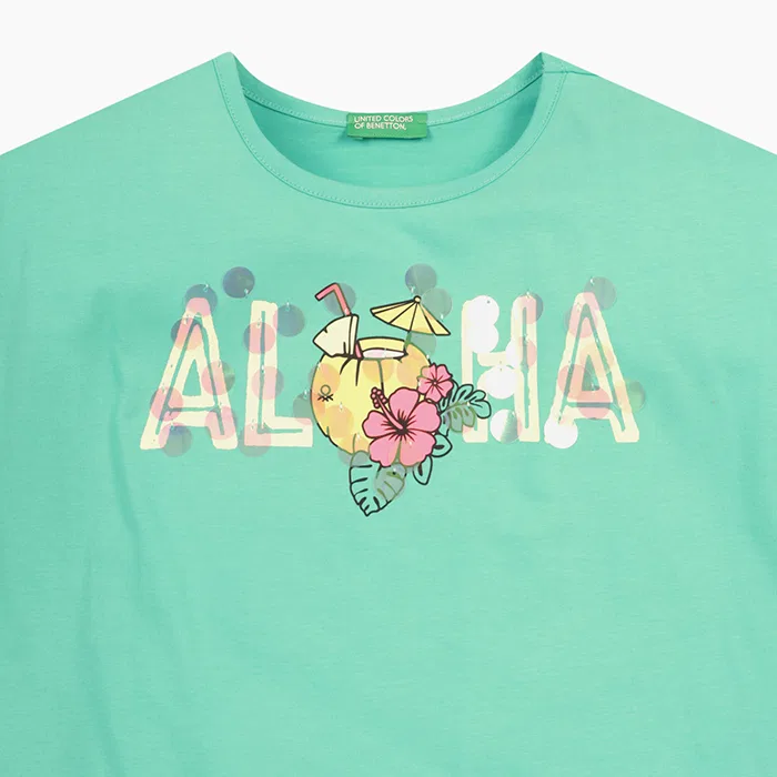 Детская футболка с графическим принтом "Алоха" мятного цвета от Benetton Kids — фото 3
