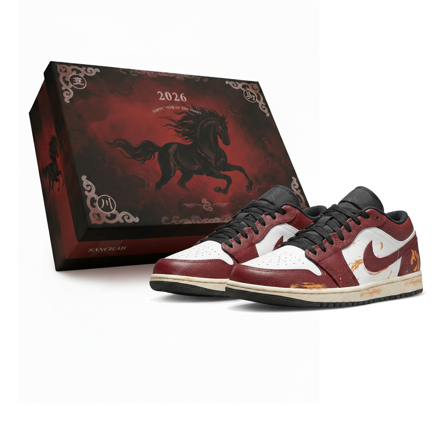 

Jordan Air 1 Low CNY Horse Year, Three Times Laboratory, Red Mare Gold, Box Abrasion Resistant Low top