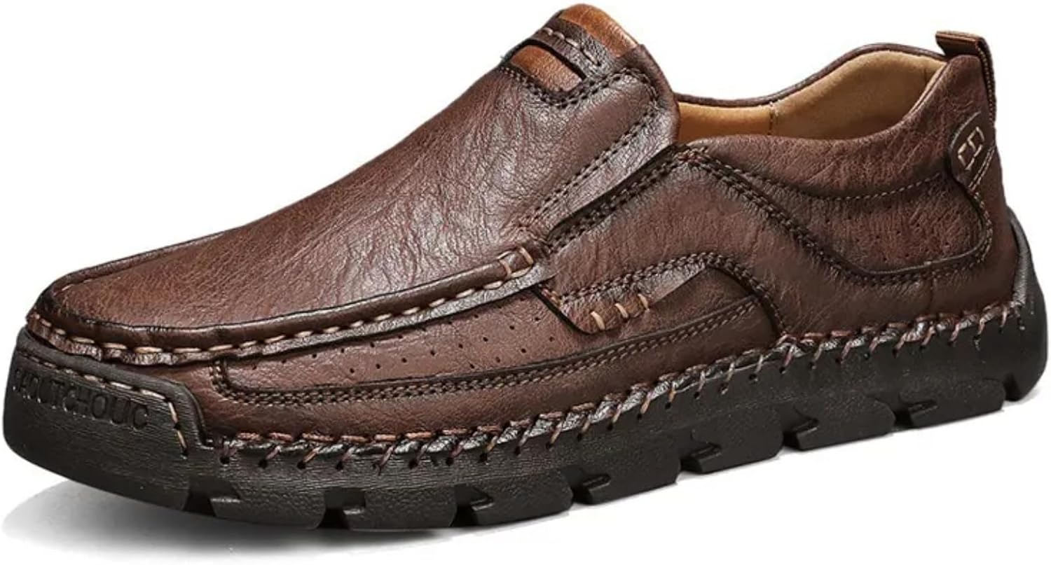 

Мужская ортопедическая обувь - кожаные водонепроницаемые, нескользящие и противоударные корректирующие лоферы ручной работы - с широким носком Kbowq, темно-коричневый