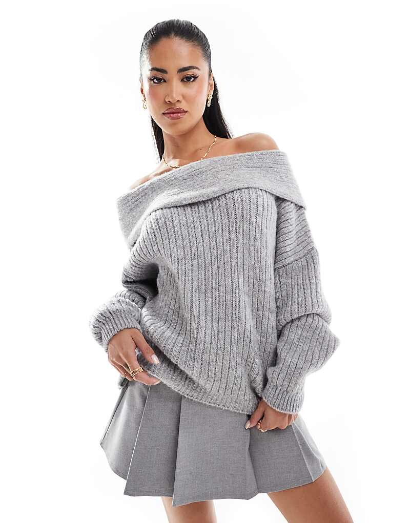 

Серый вязаный свитер с открытыми плечами ASOS DESIGN