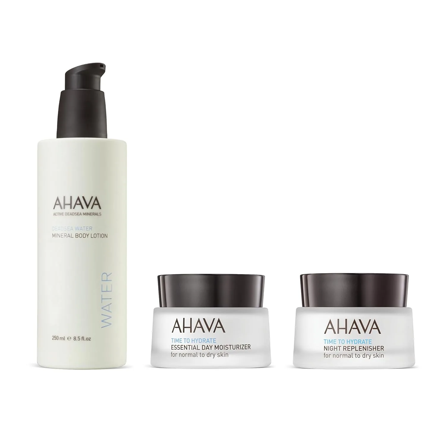 Набор AHAVA Essential: дневной увлажняющий крем, ночной восстанавливающий крем и минеральный лосьон для тела.