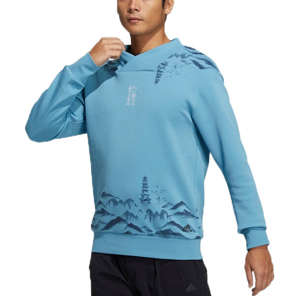 Толстовка Men's adidas Wj Story Swt Martial Arts Series Ink Printing V Sports Pullover Blue, синий — фото 3