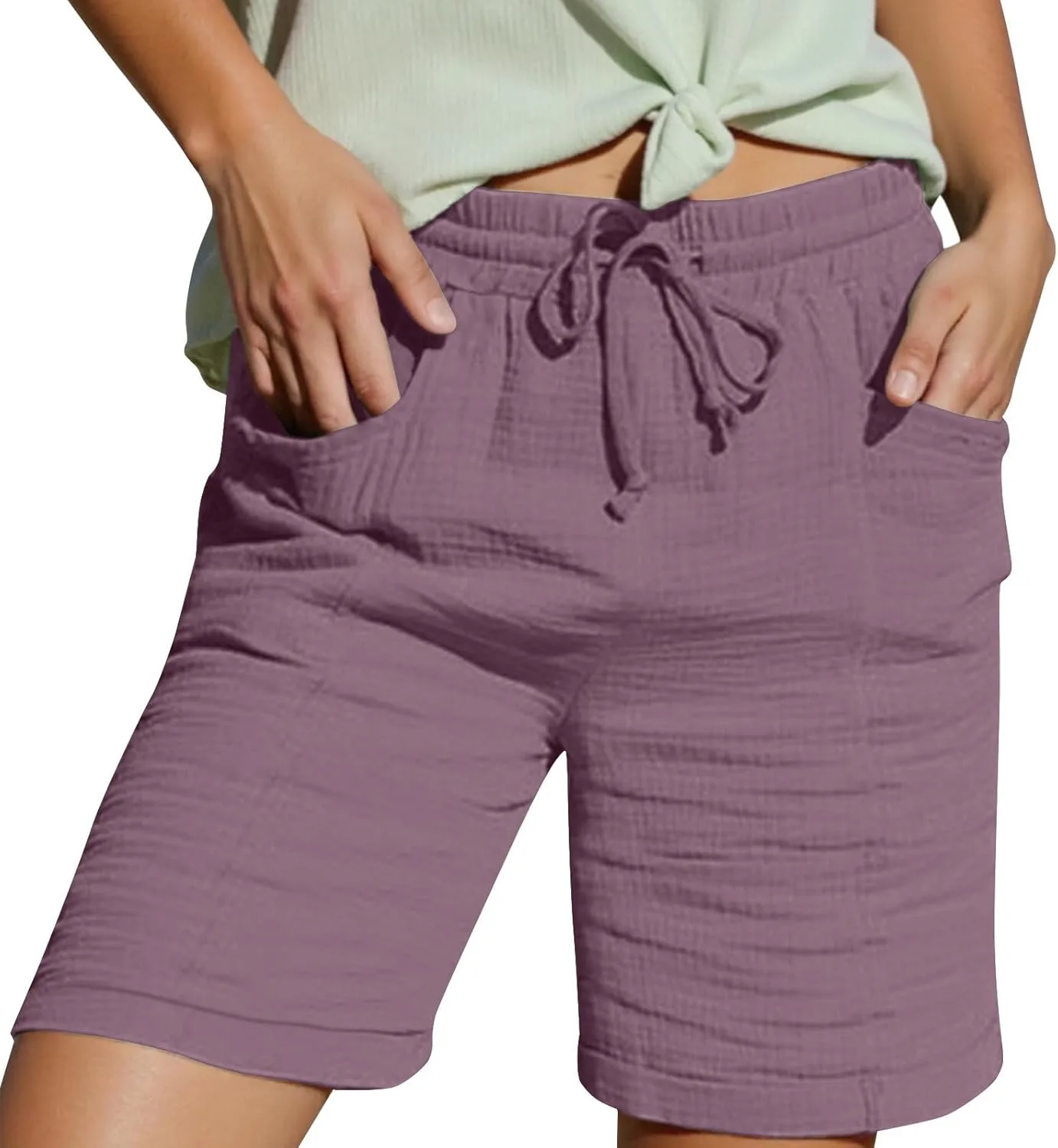 

Льняные шорты для женщин Casual летние с кулиской и высокой талией