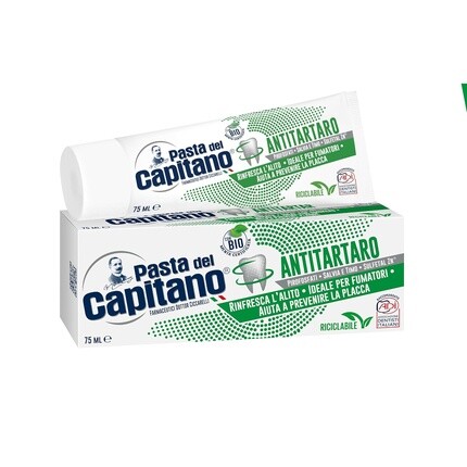 

Зубная паста Pasta del Capitano Bio Antitartar освежает дыхание, идеально подходит для курильщиков, помогает предотвратить образование зубного налета, тюбик 75 мл