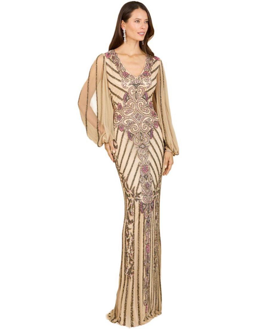 

Женское длинное платье с рукавами-крылышками, расшитое бисером Lara, Nude/multi