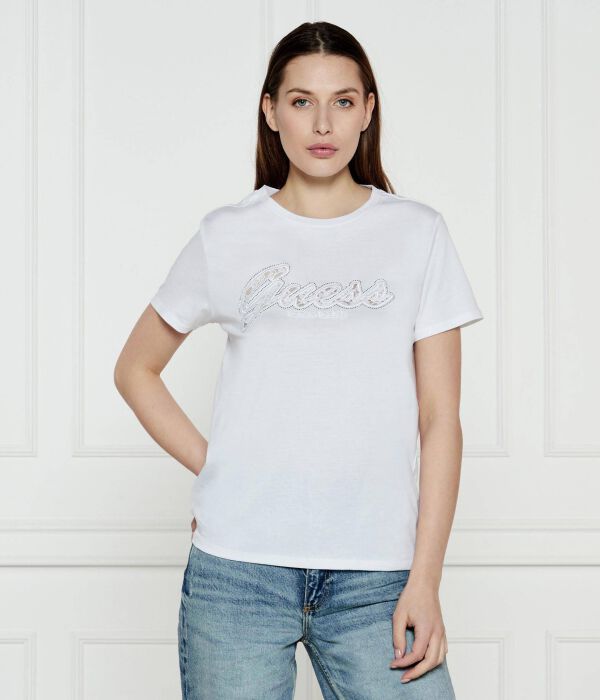 

Футболка женская Guess Jeans с блестящим логотипом, белый