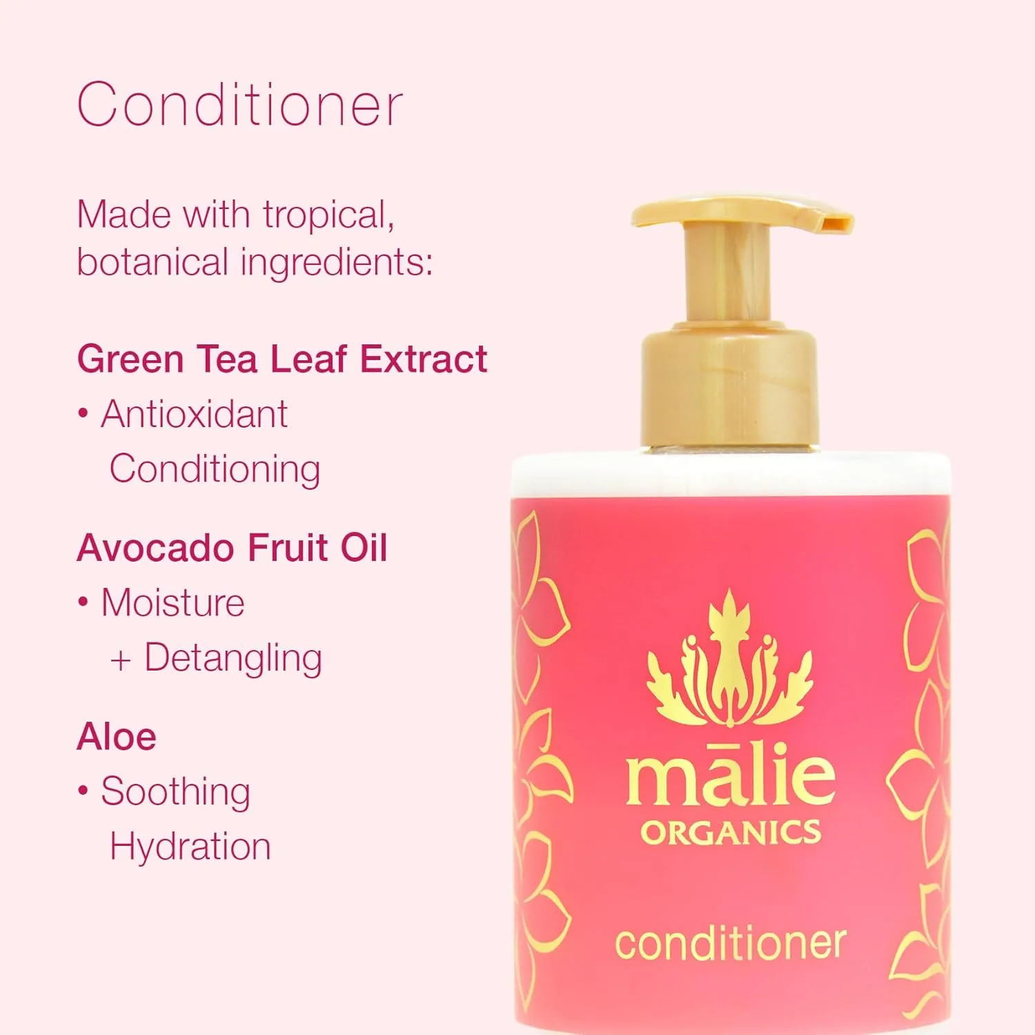 Кондиционер Mālie Organics, аромат плюмерии, ежедневное увлажнение для всех типов волос, экстракт зеленого чая + масло авокадо, веганский, 400 мл. Malie Organics, Green — фото 3