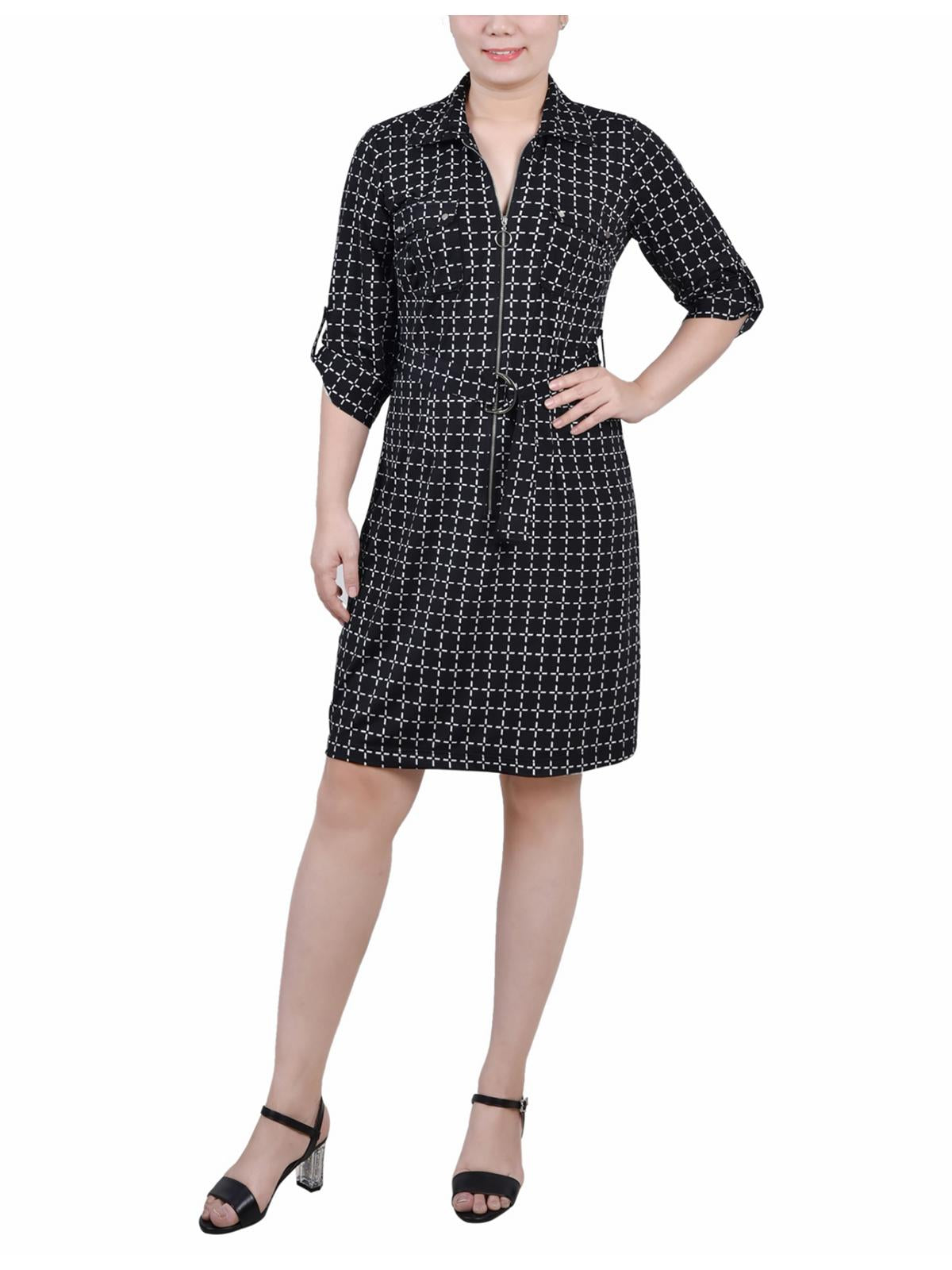 

Короткое платье-рубашка с принтом для женщин Petites NY Collection, цвет black white gridview