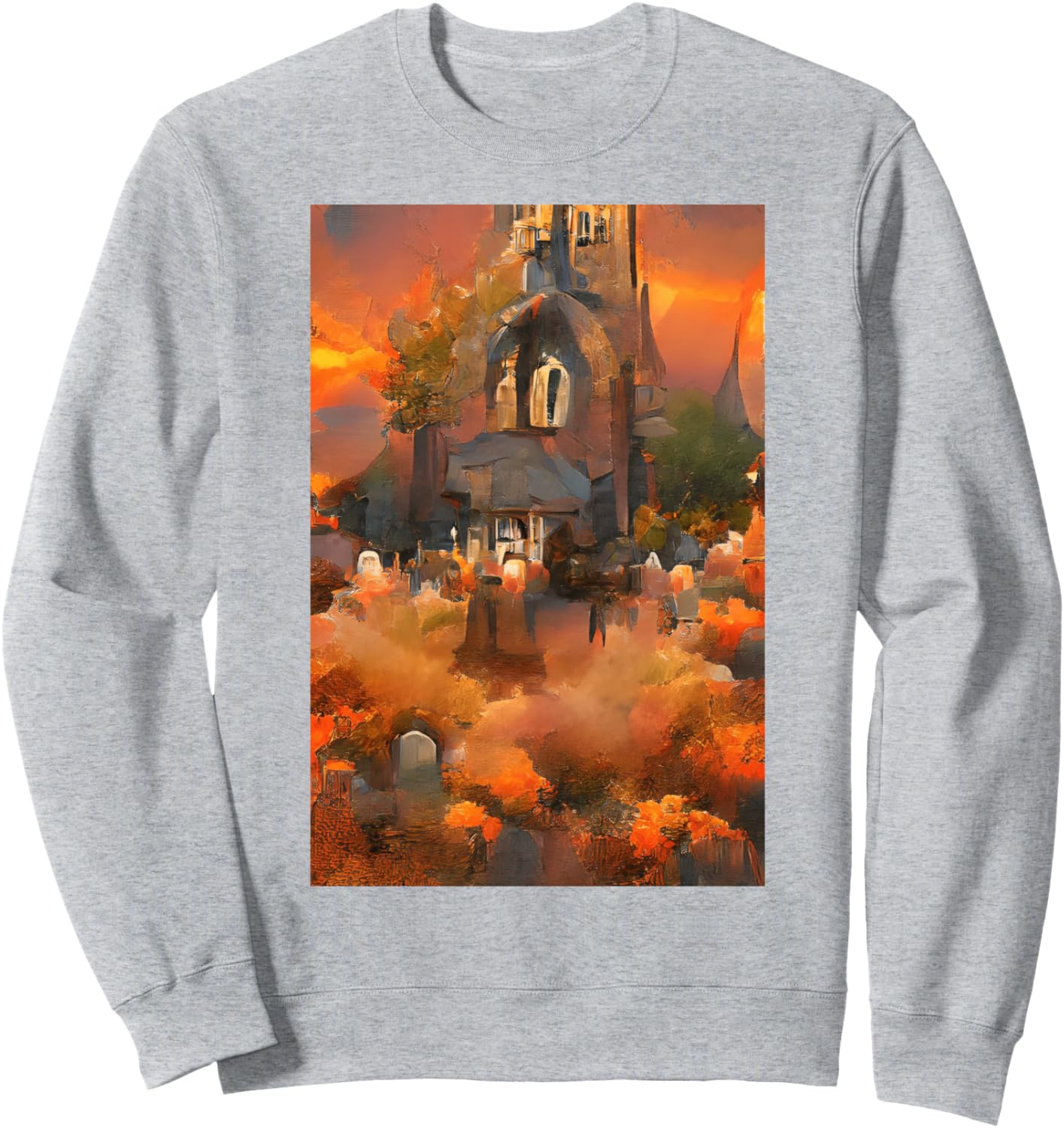 

Толстовка с изображением церкви, тыквы и кладбища на Хэллоуин Haunted Harvest Fest, серый