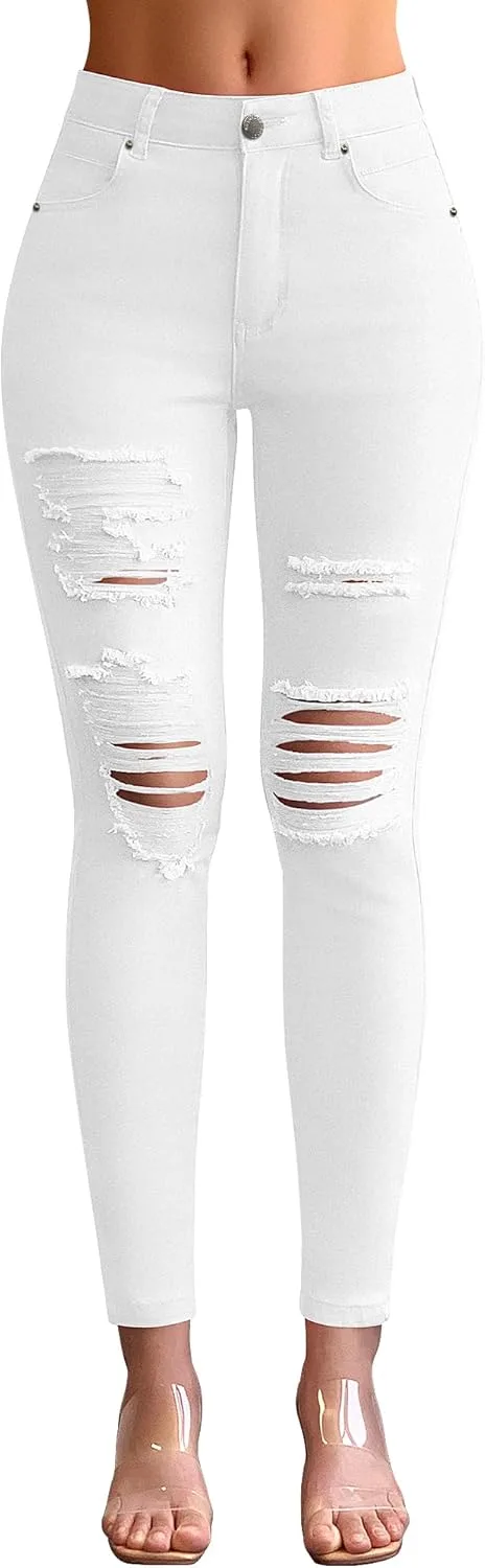 

Roswear Women's Essentials Ripped Mid Rise Destroyed Skinny Jeans