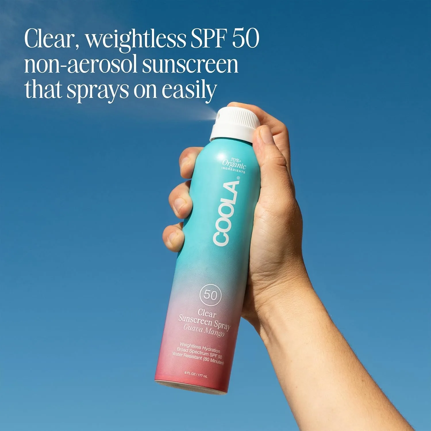Солнцезащитный спрей COOLA Organic Sunscreen SPF 50, протестирован дерматологами, обеспечивает ежедневную защиту кожи, подходит для веганов и не содержит глютена, имеет вкус гуавы и манго. 177 мл (1 шт.) — фото 2