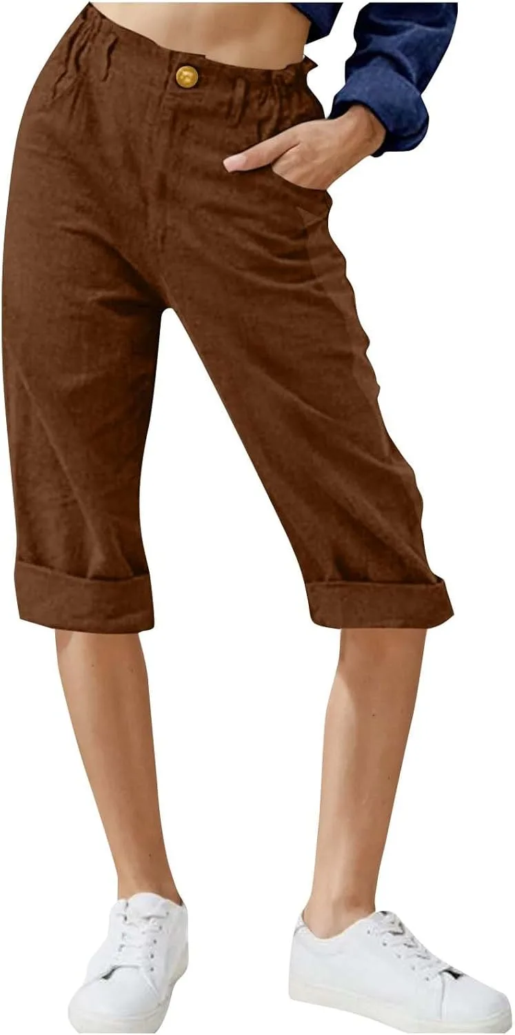 Женские хлопковые льняные капри брюки Casual на резинке с высокой талией прямого кроя укороченные летние с карманом Generic, кофейный