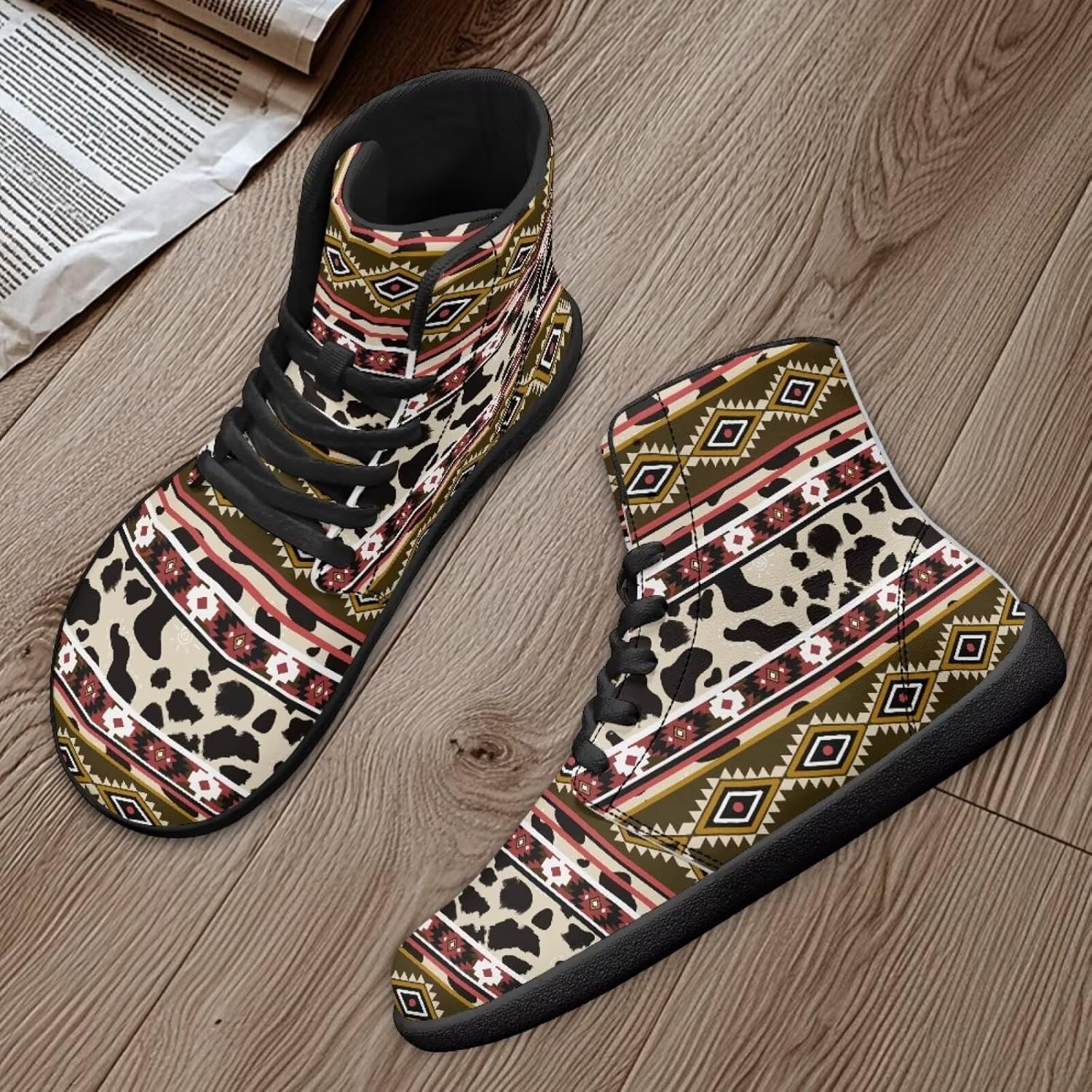 Кроссовки Binienty High Top Barefoot для женщин и мужчин, модные с нулевым перепадом, водонепроницаемые походные ботинки из ПУ-кожи, Tribal Cow Print — фото 2