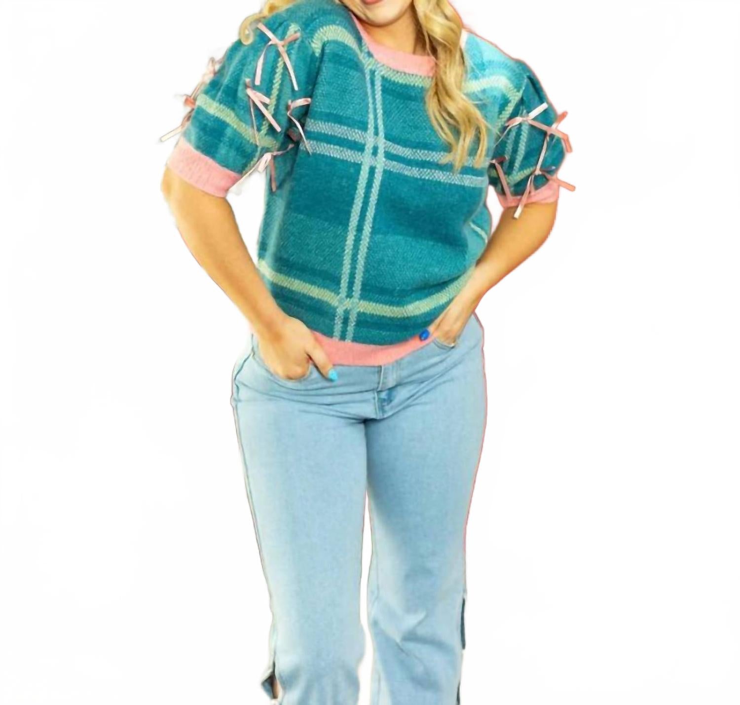 

Клетчатый свитер с рукавами-буфами зеленого цвета Grace + Emma, зеленый