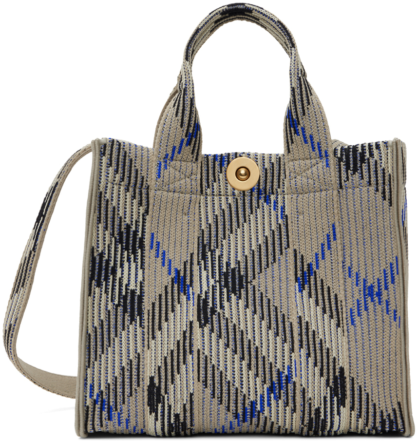 

Серая мини-вязаная сумка-тоут в клетку Burberry, Серый, Серая мини-вязаная сумка-тоут в клетку Burberry