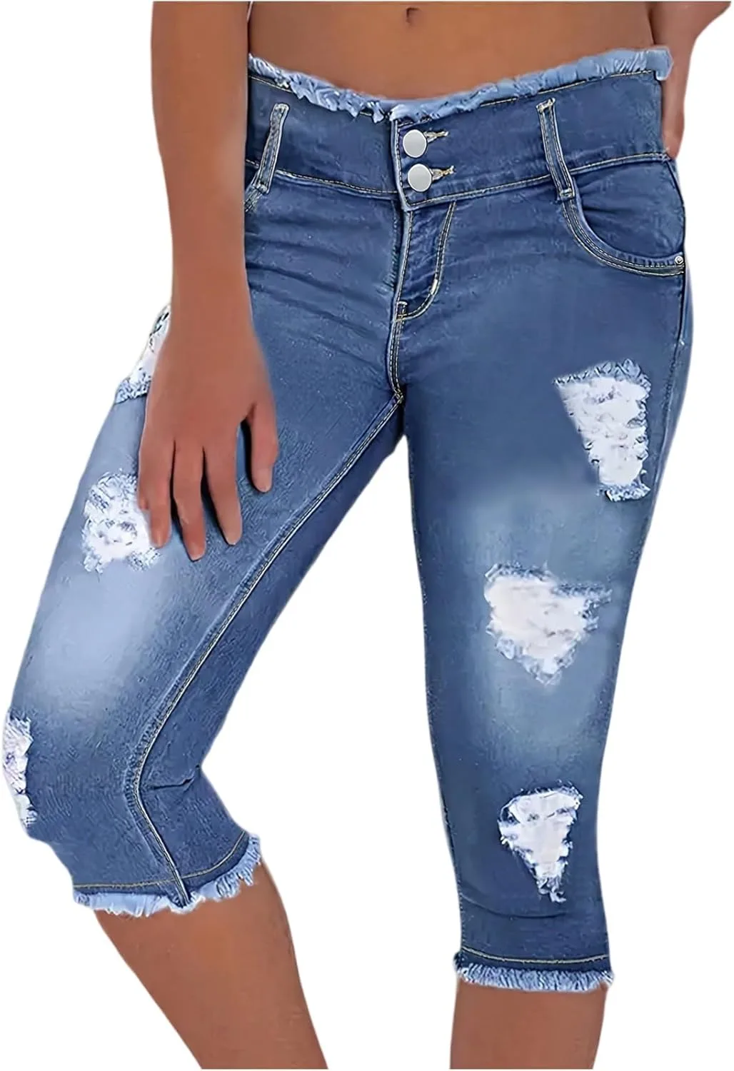 

Женские джинсы-капри Denim Skinny Mid Rise с эффектом потертостей и рваным краем