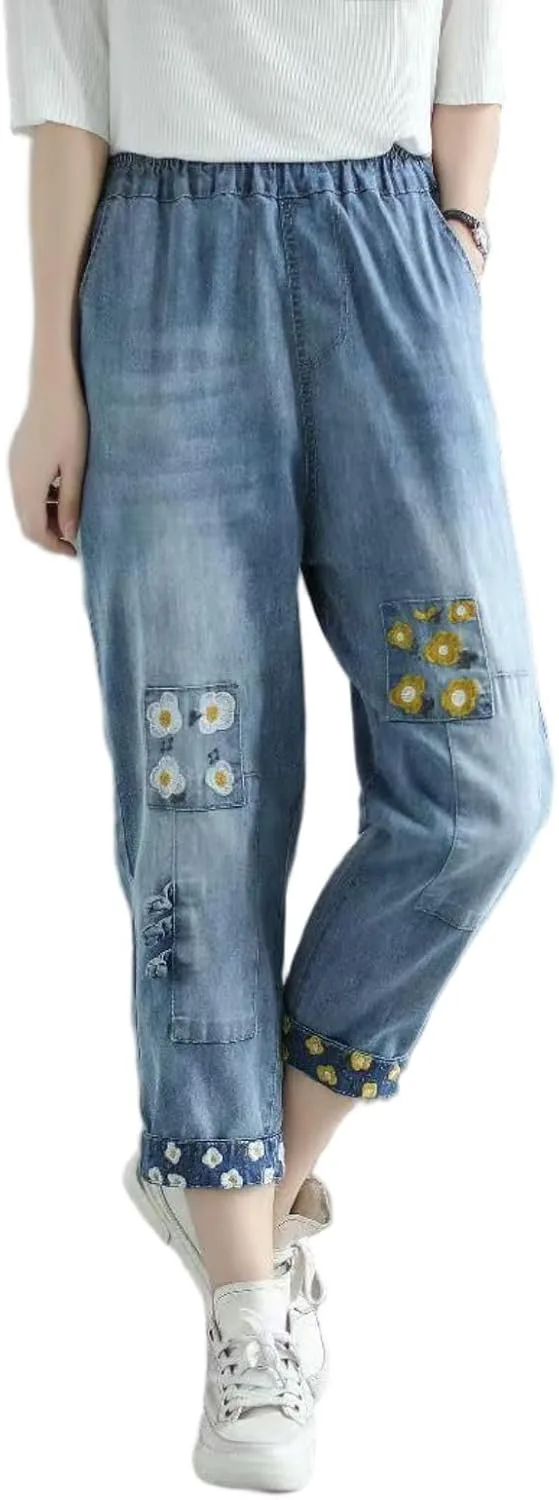 

Женские капри с вышивкой, широкие брюки с карманами, синие Tozamil