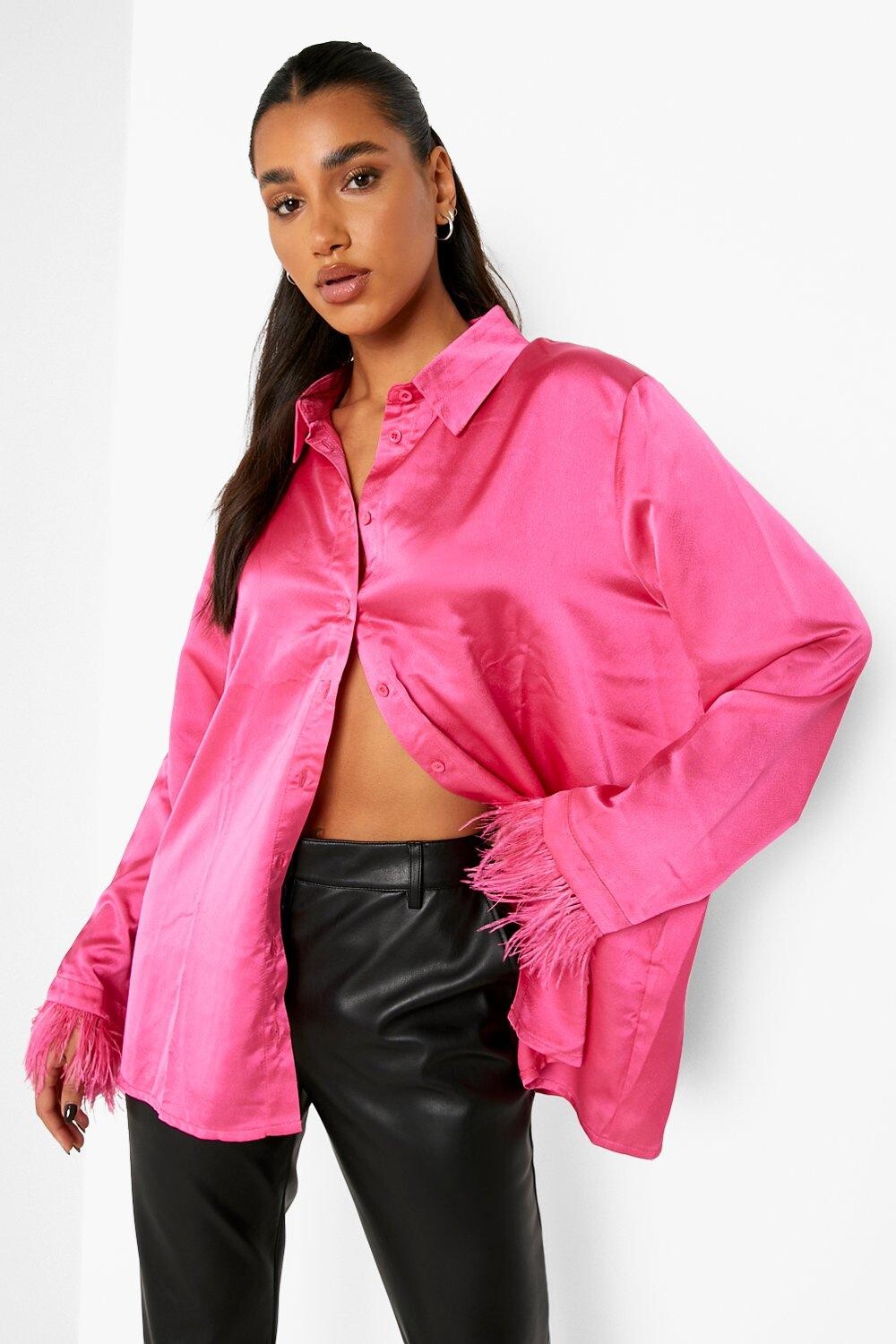 

Атласная рубашка с перьями на манжетах Boohoo, розовый