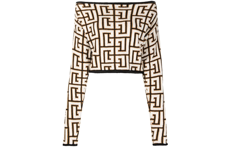 

Укороченный трикотажный топ с открытыми плечами и монограммой «Noir/Blanc» BALMAIN, Ecru