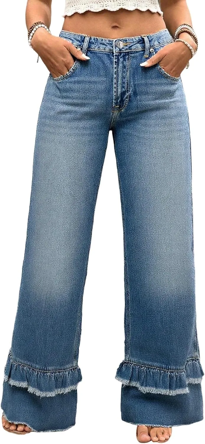 

Джинсы для женщин с рюшами по низу, широкие, с высокой талией Whrounnk