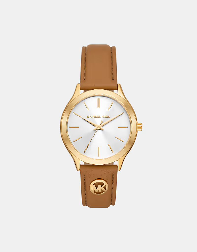 

Женские тонкие часы Michael Kors Runway с тремя ручками из кожи – КОРИЧНЕВЫЕ