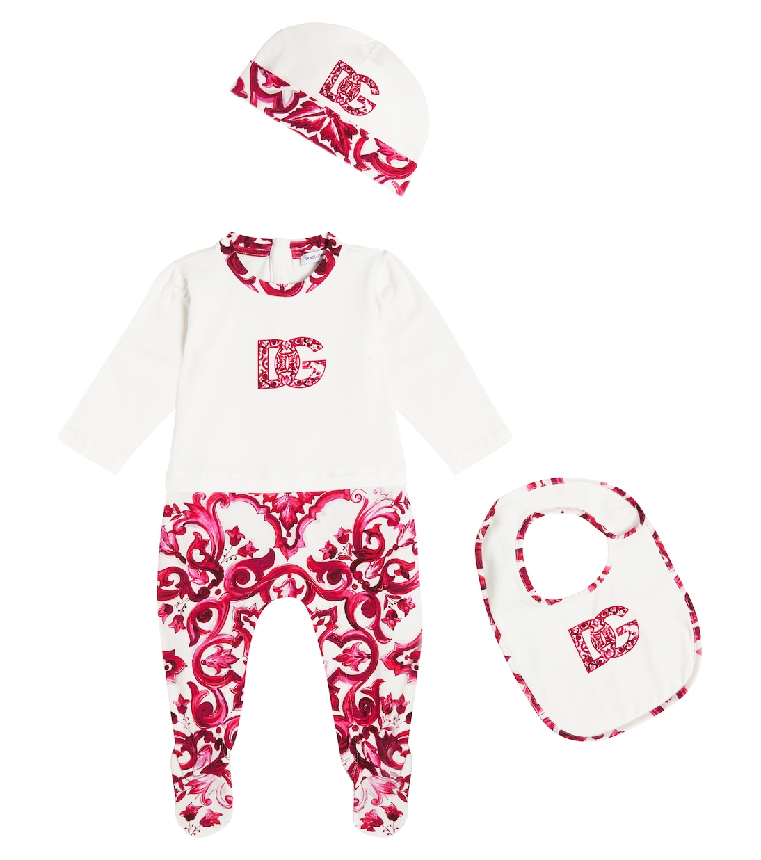 

Комплект из комбинезона, нагрудника и шапочки Baby Majolica Dolce&Gabbana Kids, Tris Maioliche Fuxia