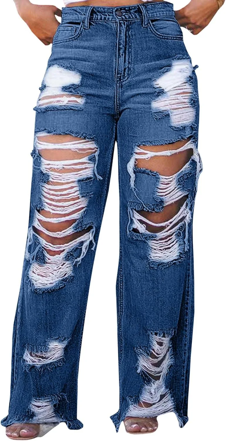 

SOMTHRON женские джинсы с высокой талией, рваные и потертые, прямые широкие