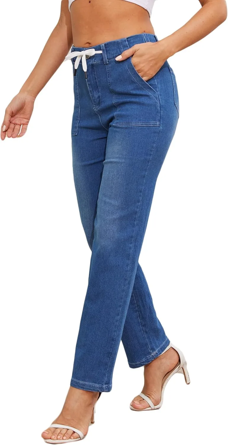 

Женские джинсы Boyfriend с эластичным поясом на шнурке - прямые брюки Plus Size JEAAMKSSER