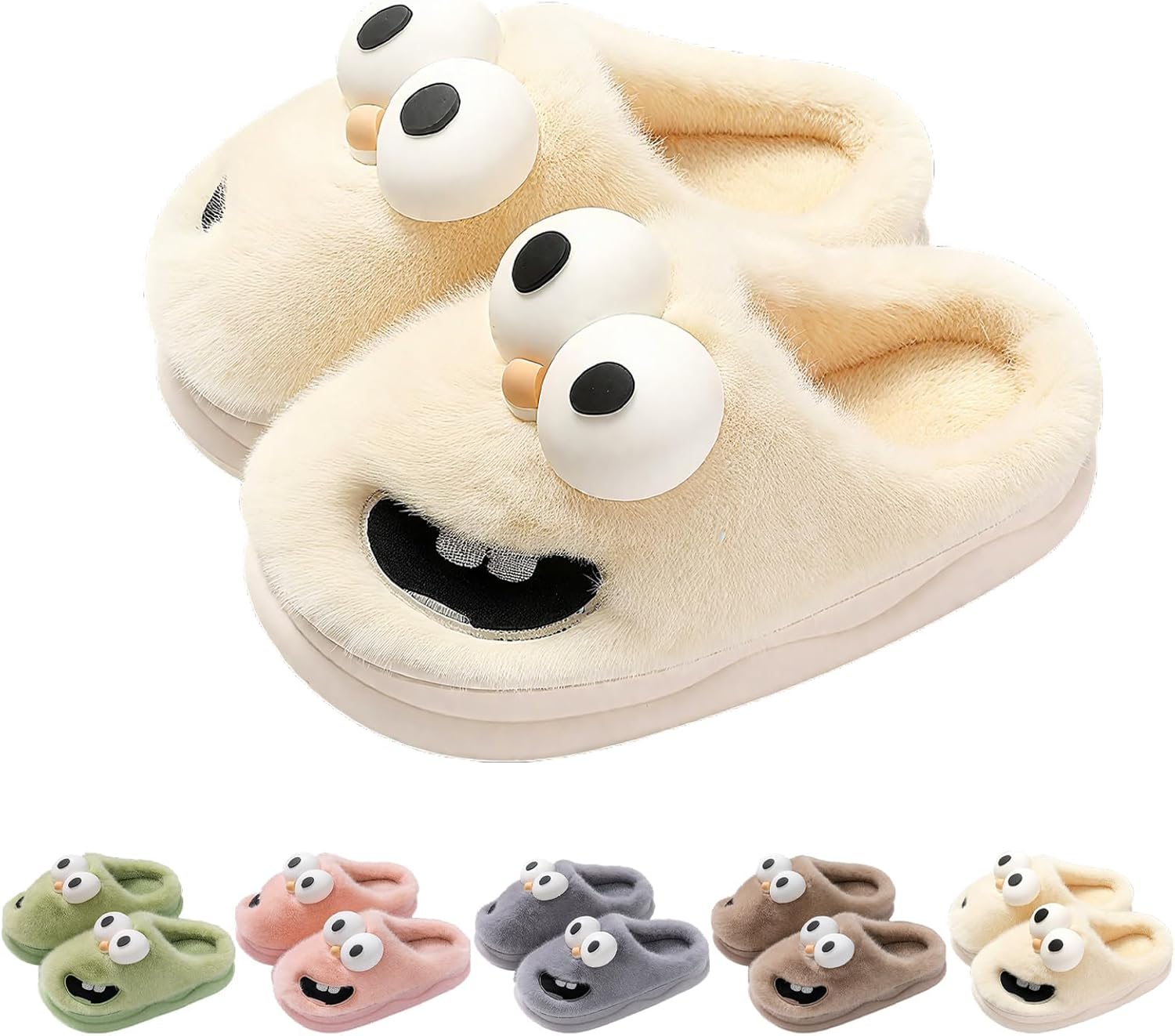 

Тапочки-целуйки для женщин и мужчин, зимние пушистые теплые милые тапочки с мультяшной собакой с большими глазами, уютные тапочки для дома с нескользящей подошвой Generic, бежевый