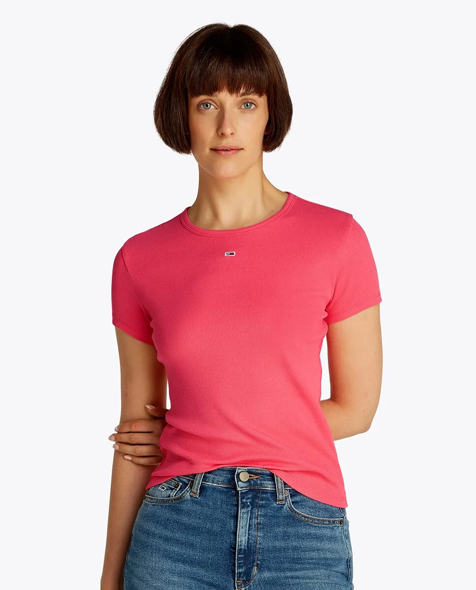 

Футболка облегающего кроя с круглым вырезом в рубчик Tommy Jeans, цвет Rosa