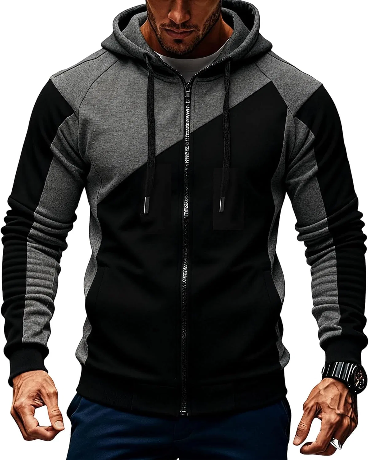Мужская худи с молнией, контрастная, Dark Gray