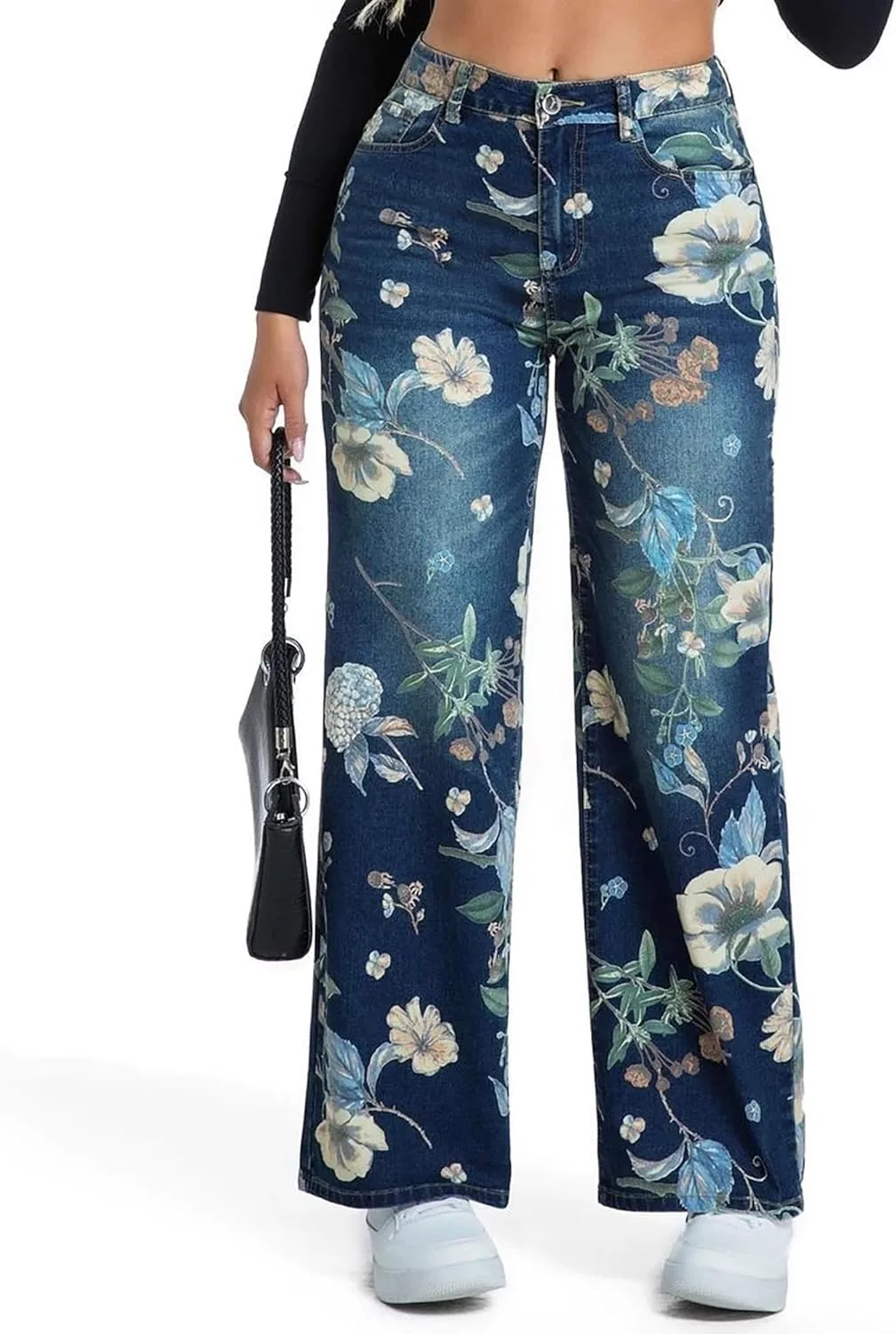 

Прямые джинсы для женщин с высокой талией, эластичные, с цветочным принтом QLAUYIOE