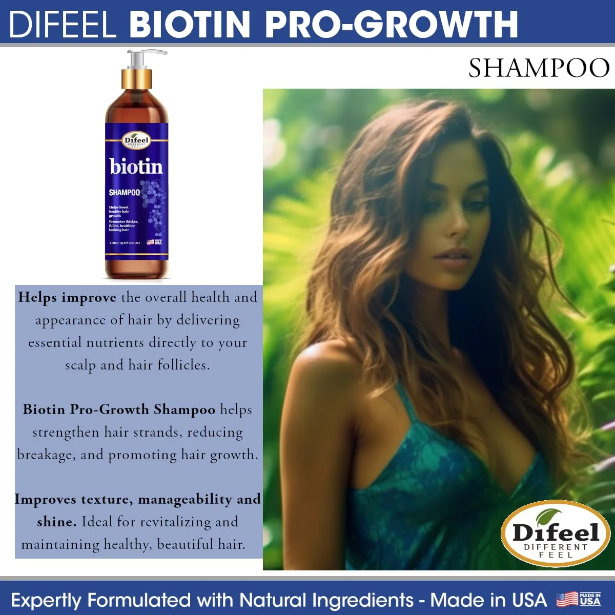 Шампунь для роста волос с биотином «Pro-Growth Biotin» 1 л от Difeel — фото 3