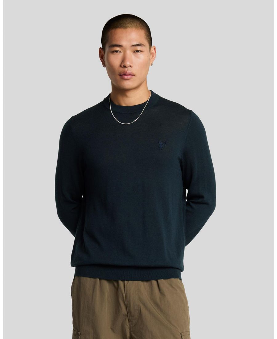 

Мужской свитер с круглым вырезом из мериносовой шерсти с принтом орла в тон ткани Lyle & Scott, Dark navy