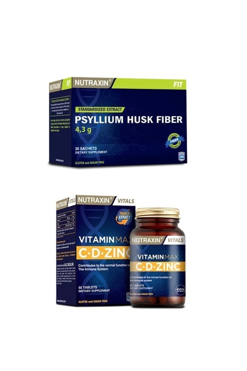

Nutraxin Волокно шелухи подорожника 30 пакетиков + витамин Макс (c, d, цинк) 60 таблеток