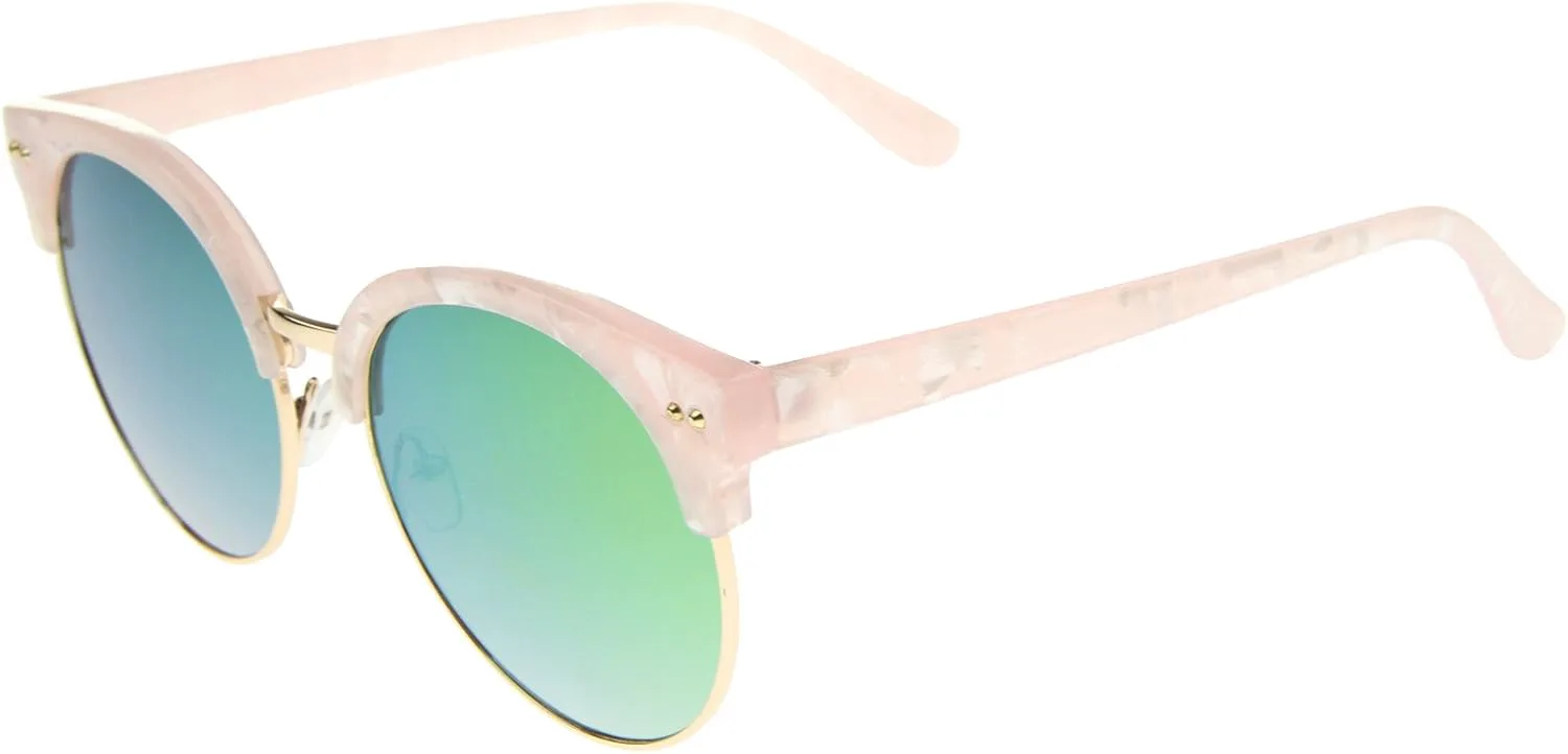 

Женские солнцезащитные очки zeroUV в полуободковой оправе с мраморной отделкой и зеркальными линзами огранки «лунный луч» круглой формы, Pink-gold / Yellow Mirror