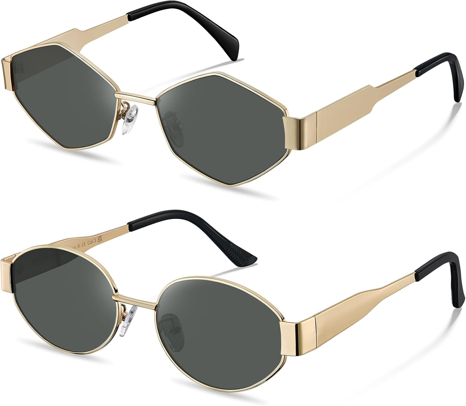 

STGATN 2 шт. Модные солнцезащитные очки для женщин в стиле ретро: овальные и шестиугольные, золотистый металлик, защита от УФ-излучения, винтажные очки, 1. Gold Grey + Gold Grey
