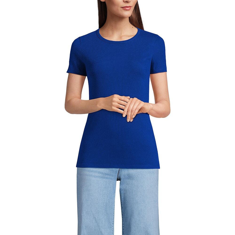 

Футболка с круглым вырезом в рубчик Petite Lands' End с короткими рукавами, цвет True Cobalt Blue