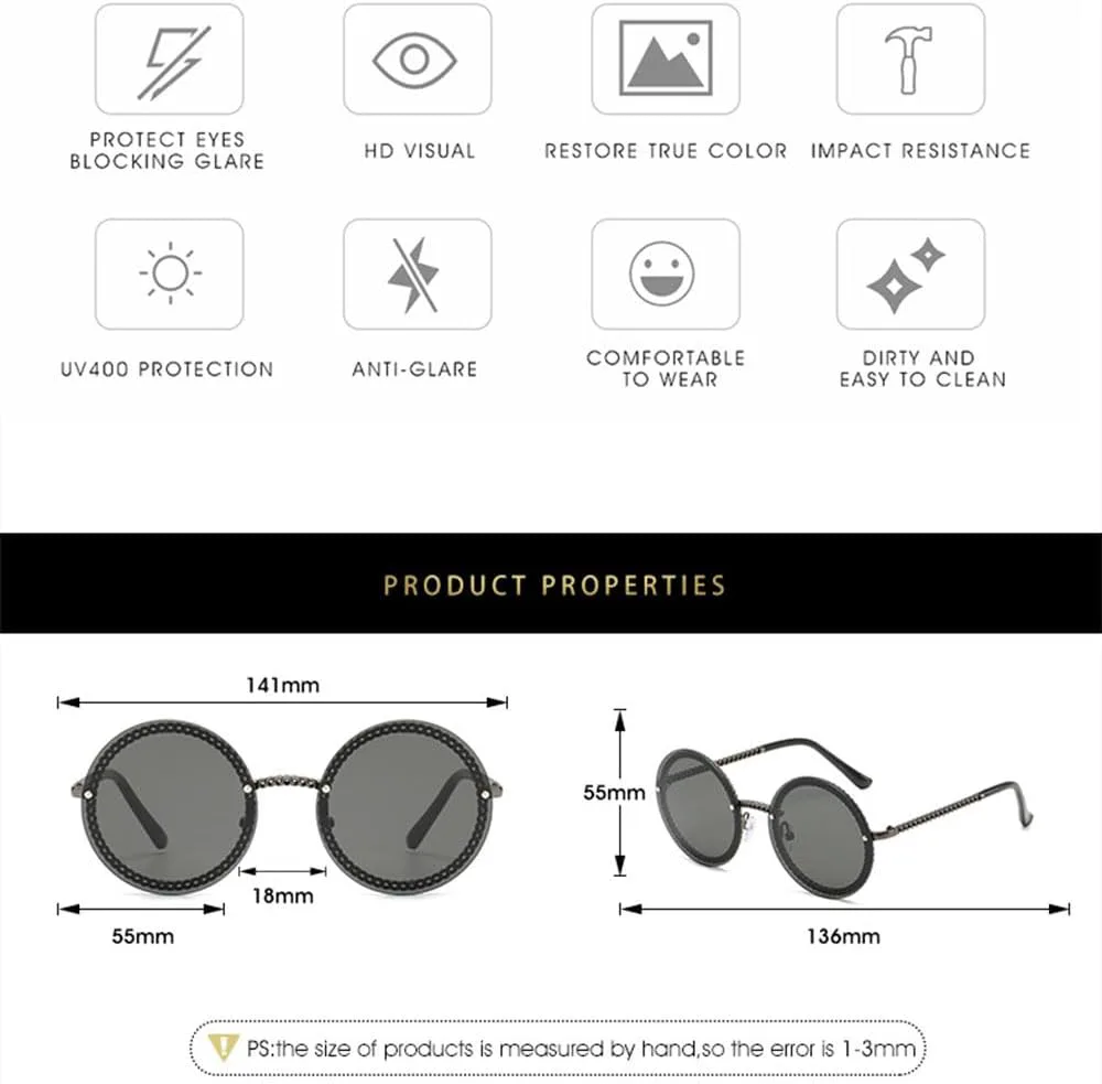 

Роскошные круглые солнцезащитные очки с металлической цепочкой, без оправы, для женщин, круглые солнцезащитные очки с градиентным покрытием LVTFCO, Red Pink