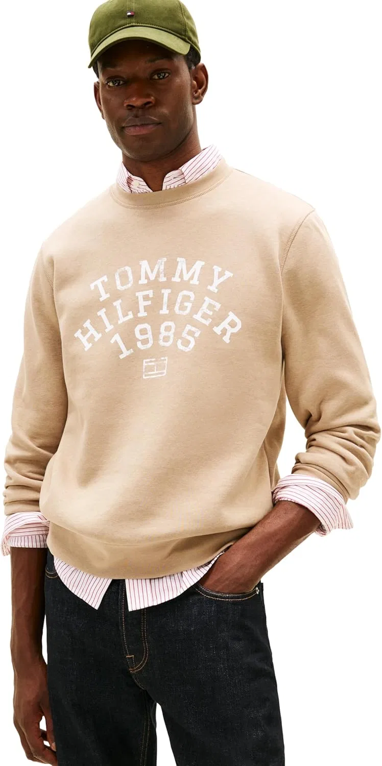 Толстовка Tommy Hilfiger мужская, средняя плотность, хлопковая, с принтом в виде арочного логотипа, Coastal Taupe