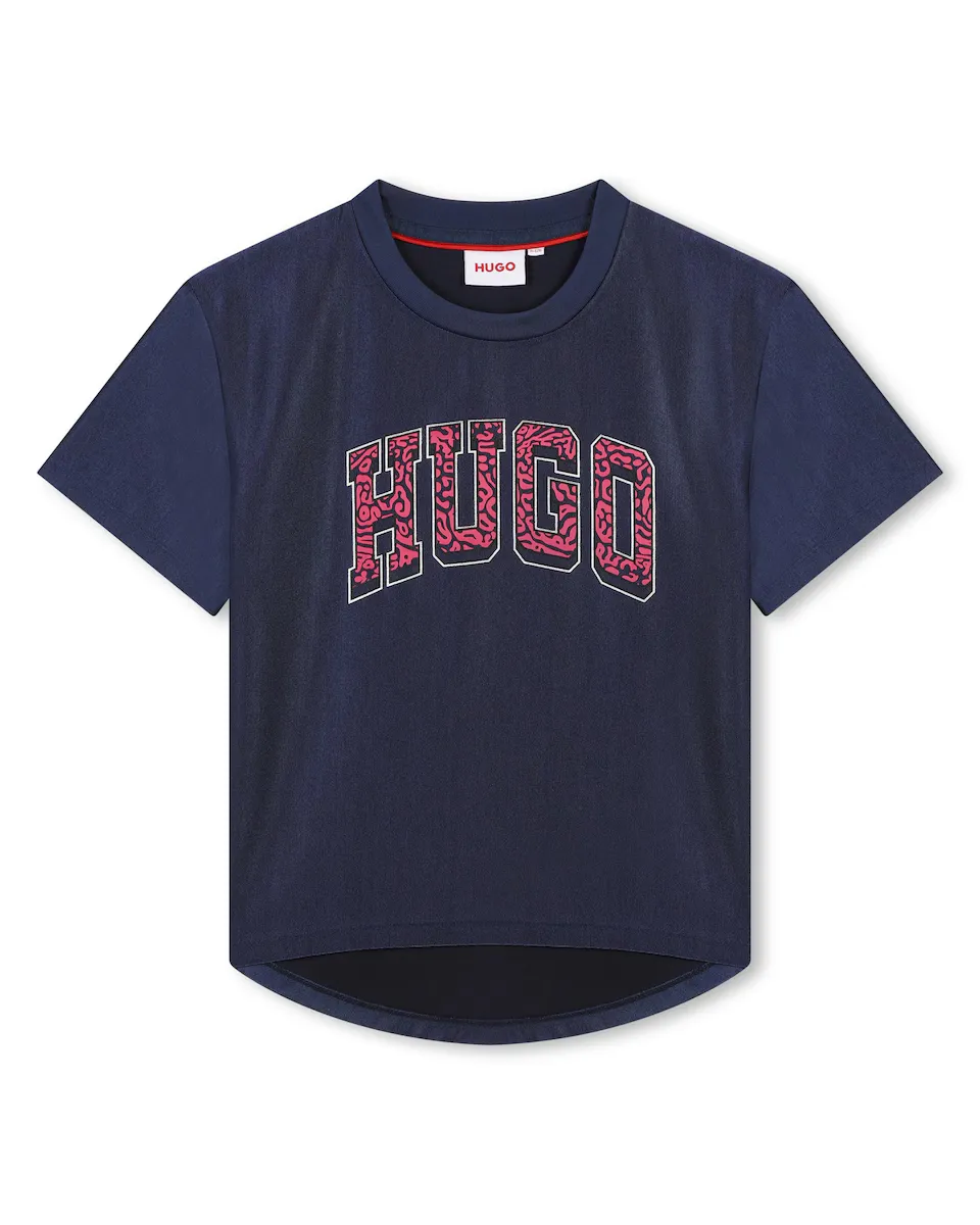 

Футболка для девочки из блестящей ткани с короткими рукавами Hugo, темно-синий