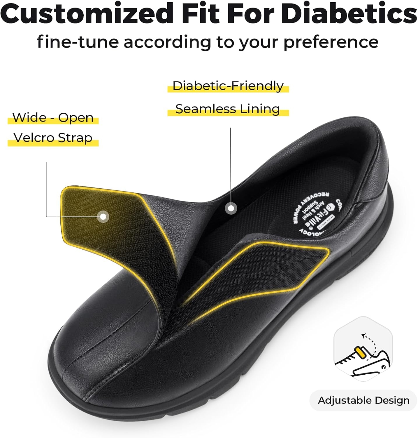 Diabetic Shoes FitVille для мужчин, классические туфли, повседневные слипоны, оксфорды, регулируемые деловые формальные свадебные туфли, ортопедические кроссовки для отекших ног - EasyTop Deluxe Dress Shoes V1, черный — фото 2